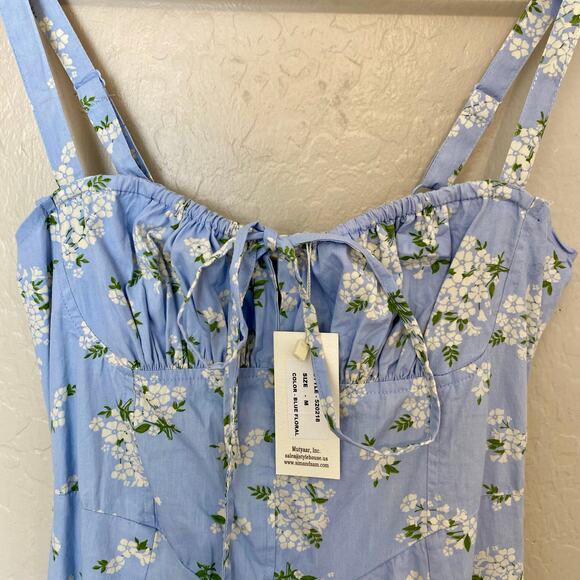 Sim & Sam Floral Milkmaid Cotton Poplin Midi Dress Womens Size Medium Blue - Picture 5 of 7